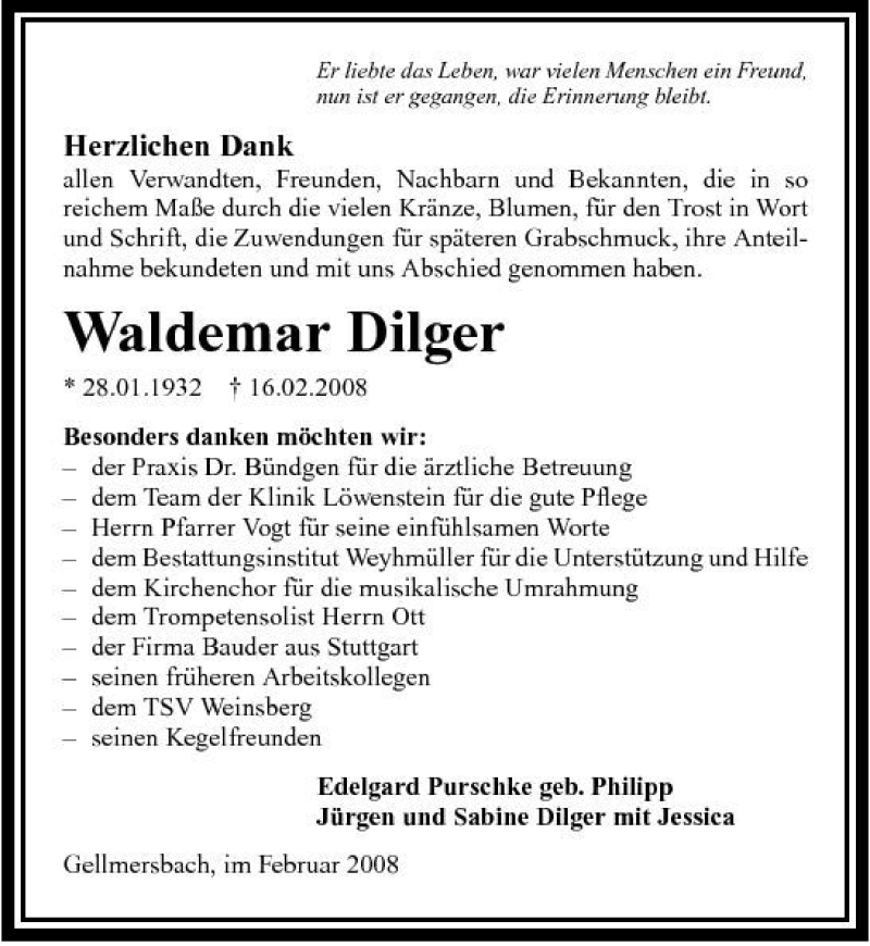  Traueranzeige für Waldemar Dilger vom 01.03.2008 aus 