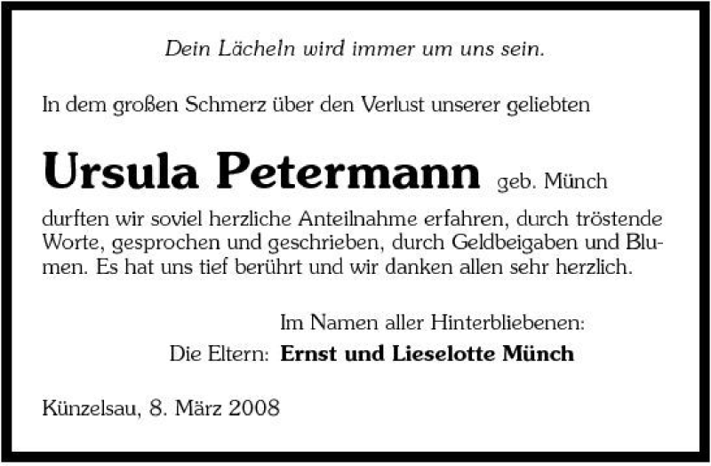  Traueranzeige für Ursula Petermann vom 08.03.2008 aus 