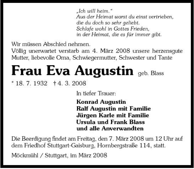  Traueranzeige für Frau Eva Augustin vom 06.03.2008 aus 