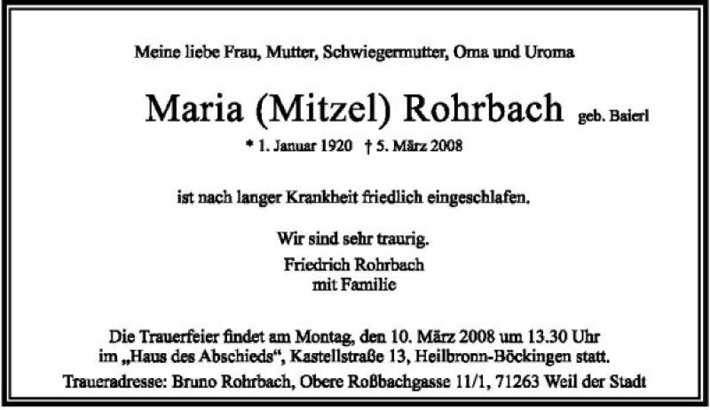  Traueranzeige für Maria Rohrbach vom 07.03.2008 aus 