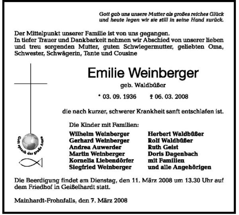  Traueranzeige für Emilie Weinberger vom 07.03.2008 aus 