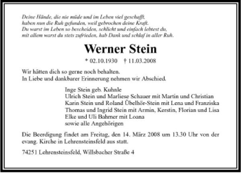 Traueranzeige von Werner Stein 