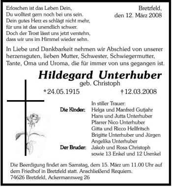 Traueranzeige von Hildegard Unterhuber 