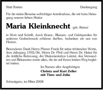 Traueranzeige von Maria Kleinknecht 