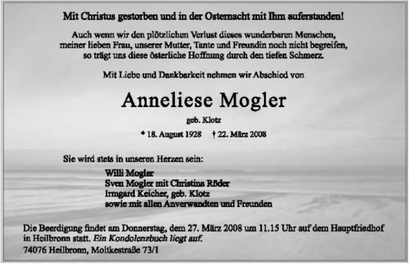  Traueranzeige für Anneliese Mogler vom 25.03.2008 aus 