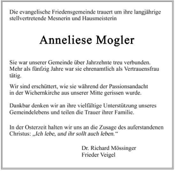 Traueranzeige von Anneliese Mogler 