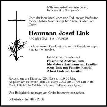 Traueranzeige von Hermann Josef Link 