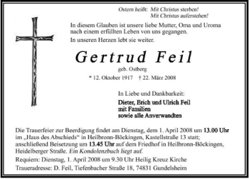 Traueranzeige von Gertrud Feil 