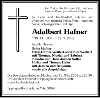 Traueranzeige von Adalbert Hafner 