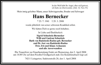 Traueranzeige von Hans Bernecker 