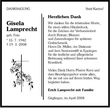 Traueranzeige von Gisela Lamprecht 