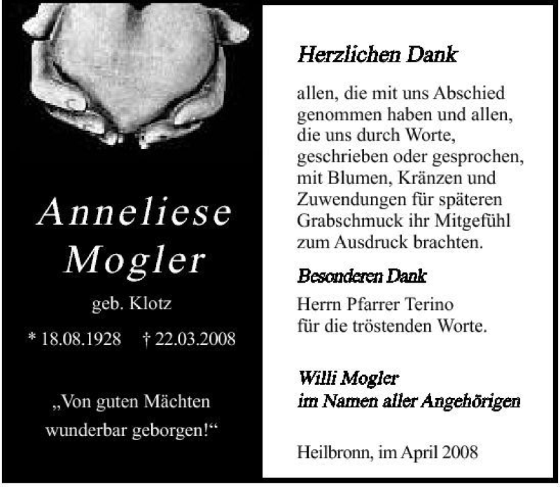  Traueranzeige für Anneliese Mogler vom 09.04.2008 aus 