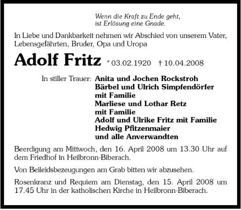  Traueranzeige für Adolf Fritz vom 14.04.2008 aus 