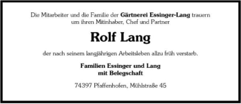 Traueranzeige von Rolf Lang 