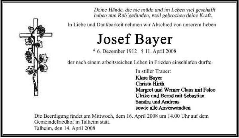  Traueranzeige für Josef Bayer vom 14.04.2008 aus 