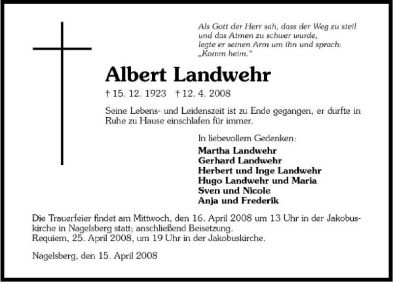  Traueranzeige für Albert Landwehr vom 15.04.2008 aus 