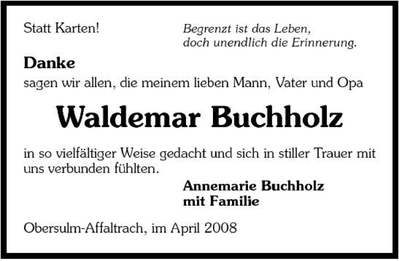  Traueranzeige für Waldemar Buchholz vom 16.04.2008 aus 