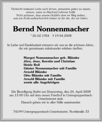 Traueranzeige von Bernd Nonnenmacher 