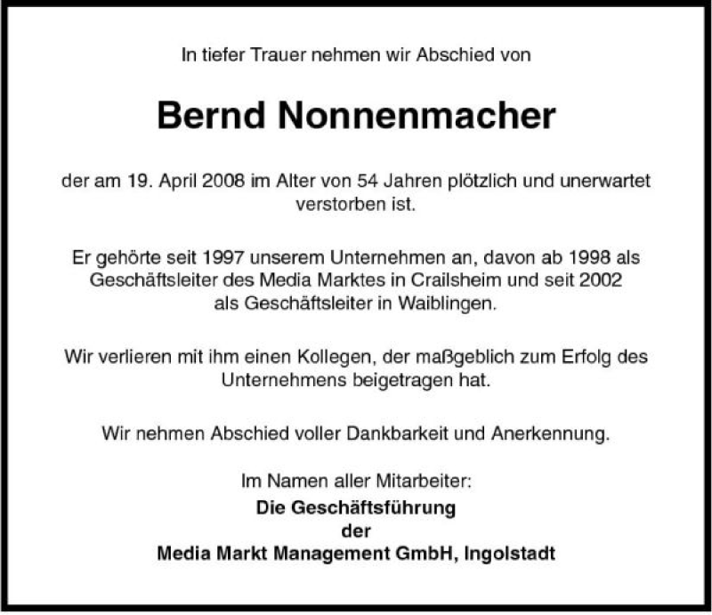  Traueranzeige für Bernd Nonnenmacher vom 22.04.2008 aus 