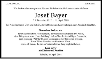 Traueranzeige von Josef Bayer 