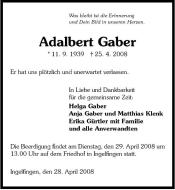 Traueranzeige von Adalbert Gaber 
