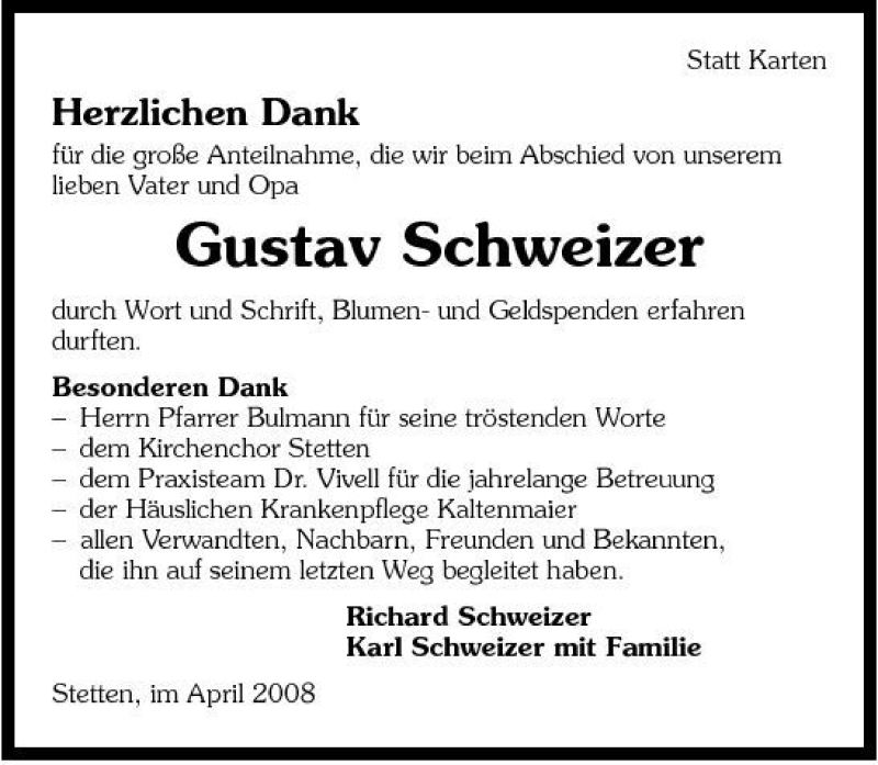  Traueranzeige für Gustav Schweizer vom 28.04.2008 aus 