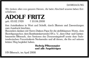 Traueranzeige von Adolf Fritz 