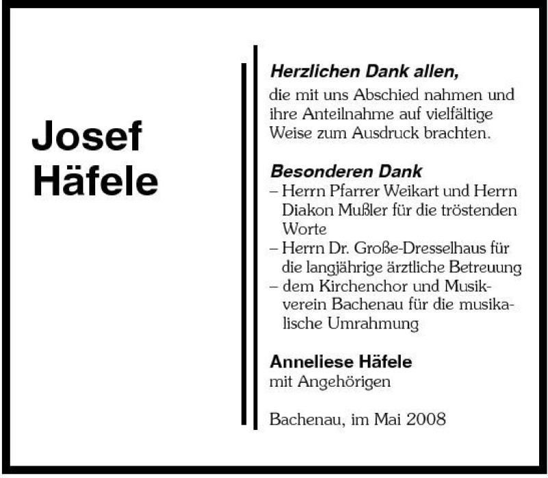  Traueranzeige für Josef Häfele vom 03.05.2008 aus 