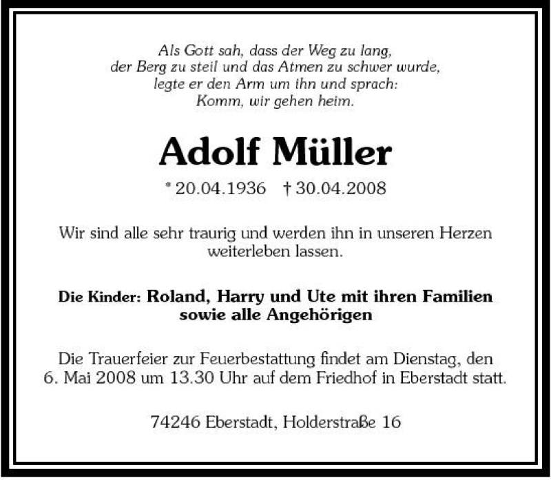  Traueranzeige für Adolf Müller vom 02.05.2008 aus 