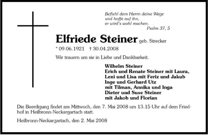  Traueranzeige für Elfriede Steiner vom 03.05.2008 aus 