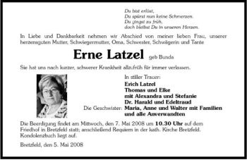 Traueranzeige von Erne Latzel 