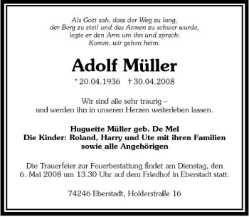 Traueranzeige von Adolf Müller 