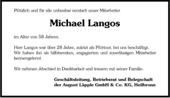 Traueranzeige von Michael Langos 