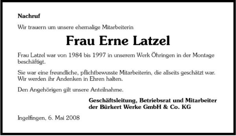  Traueranzeige für Erne Latzel vom 06.05.2008 aus 