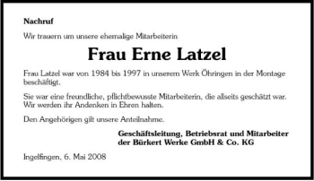 Traueranzeige von Erne Latzel 