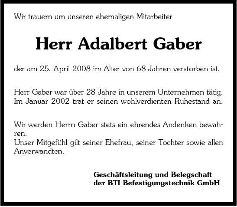  Traueranzeige für Adalbert Gaber vom 08.05.2008 aus 