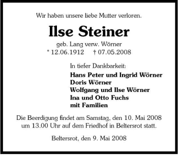 Traueranzeige von Ilse Steiner 