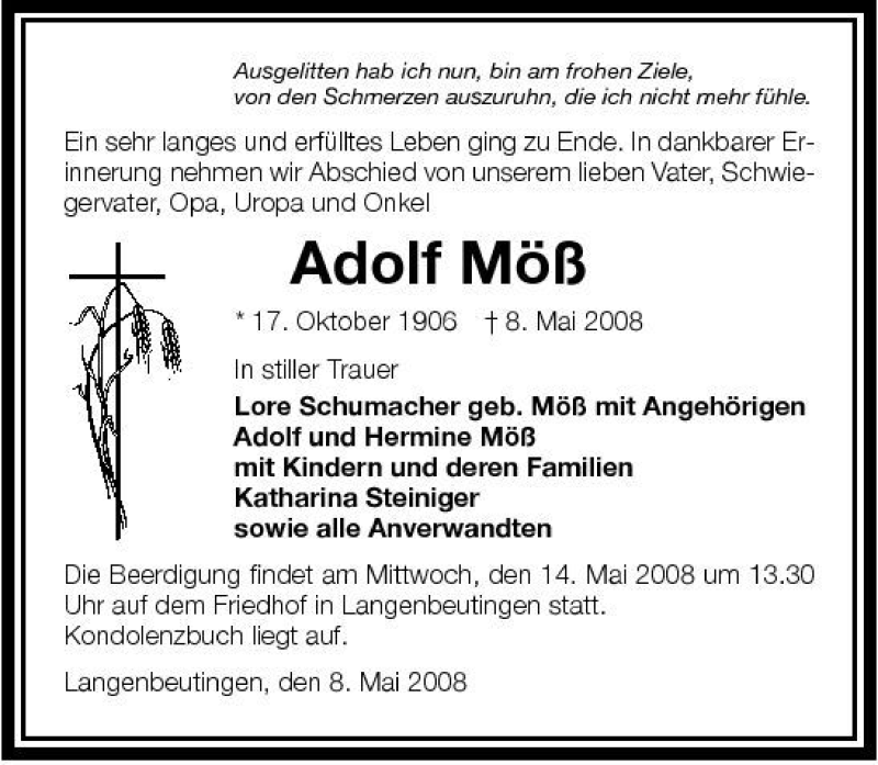  Traueranzeige für Adolf Möß vom 10.05.2008 aus 