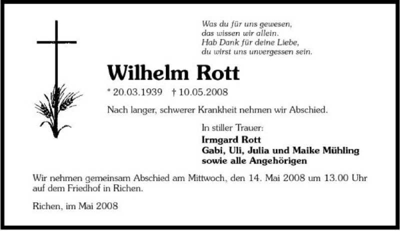  Traueranzeige für Wilhelm Rott vom 13.05.2008 aus 