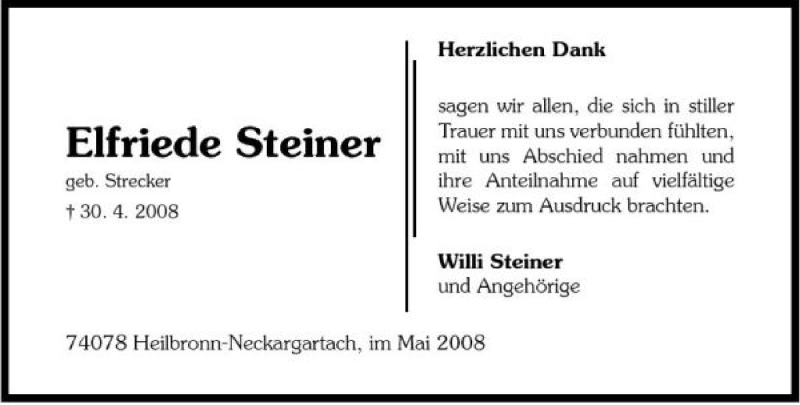  Traueranzeige für Elfriede Steiner vom 14.05.2008 aus 