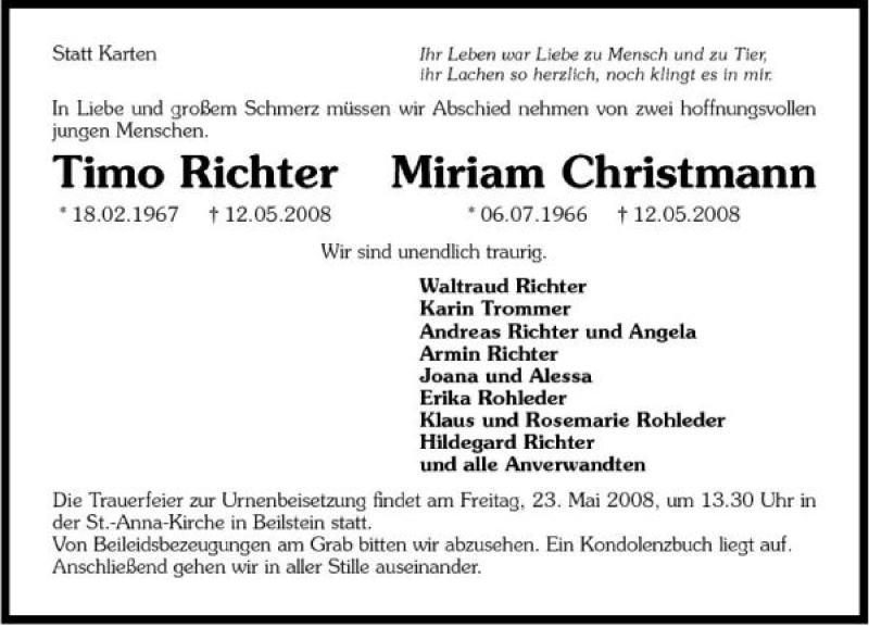  Traueranzeige für Richter/Christmann Richter/Christmann vom 21.05.2008 aus 
