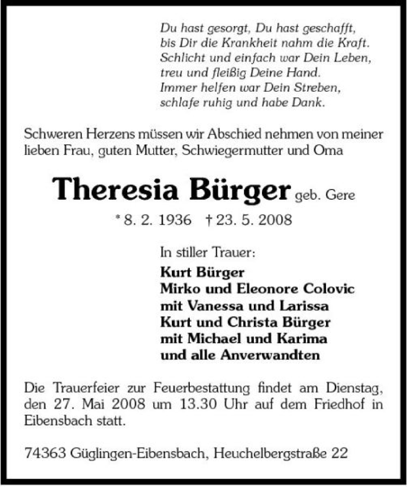  Traueranzeige für Theresia Bürger vom 26.05.2008 aus 