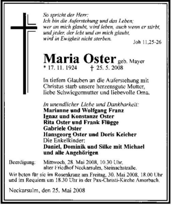 Traueranzeige von Maria Oster 