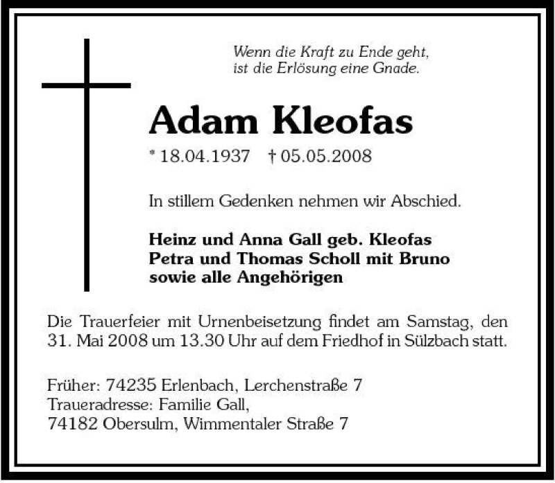  Traueranzeige für Adam Kleofas vom 28.05.2008 aus 