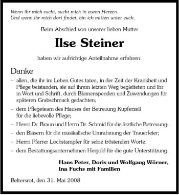 Traueranzeige von Ilse Steiner 
