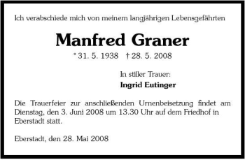 Traueranzeige von Manfred Graner 