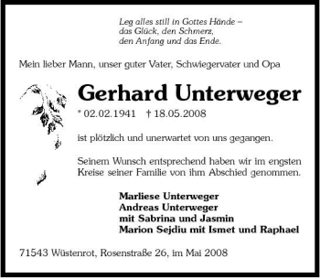 Traueranzeige von Gerhard Unterweger 