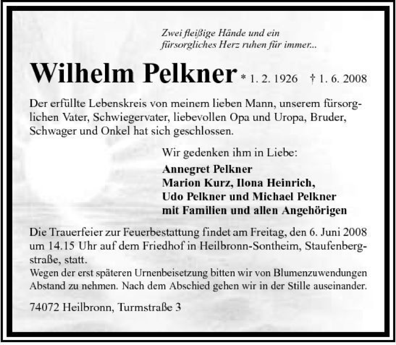  Traueranzeige für Wilhelm Pelkner vom 03.06.2008 aus 