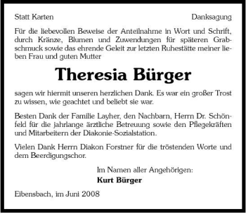 Traueranzeige von Theresia Bürger 