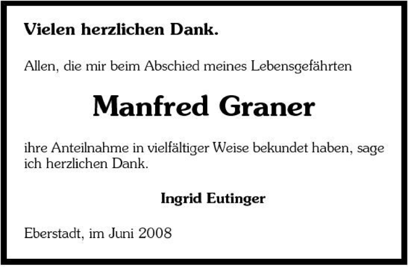 Traueranzeige für Manfred Graner vom 06.06.2008 aus 